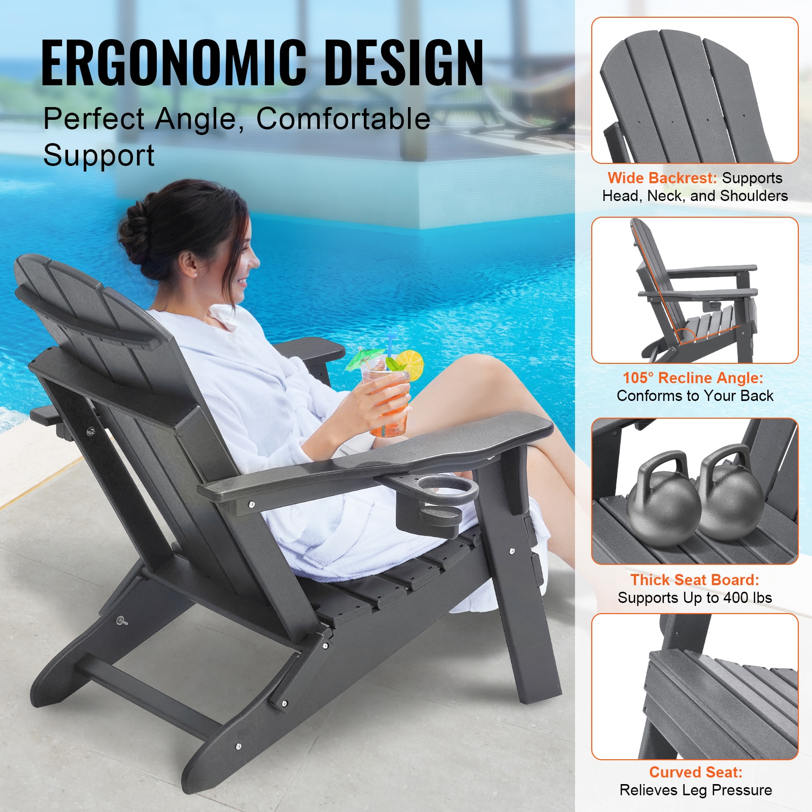 Set Of 2 Gray Adirondack Chairs All-weather Plastic Folding Seat_voghion.com